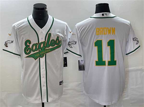 Men's Philadelphia Eagles #11 A. J. Brown White Gold Cool Base Baseball Stitched Jersey,We sell and wholesale Men's Philadelphia Eagles #11 A. J. Brown White Gold Cool Base Baseball Stitched Jersey on line form chian!